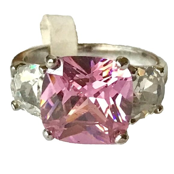 Silver Pink Cubic Zirconia Cocktail Ring Size 9 Plated Triplet Cushion Cut - Picture 5 of 12